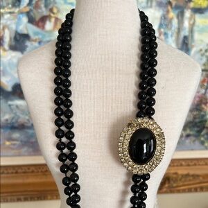 Rhinestone, Black, and Gold Beaded Necklace with brooch.